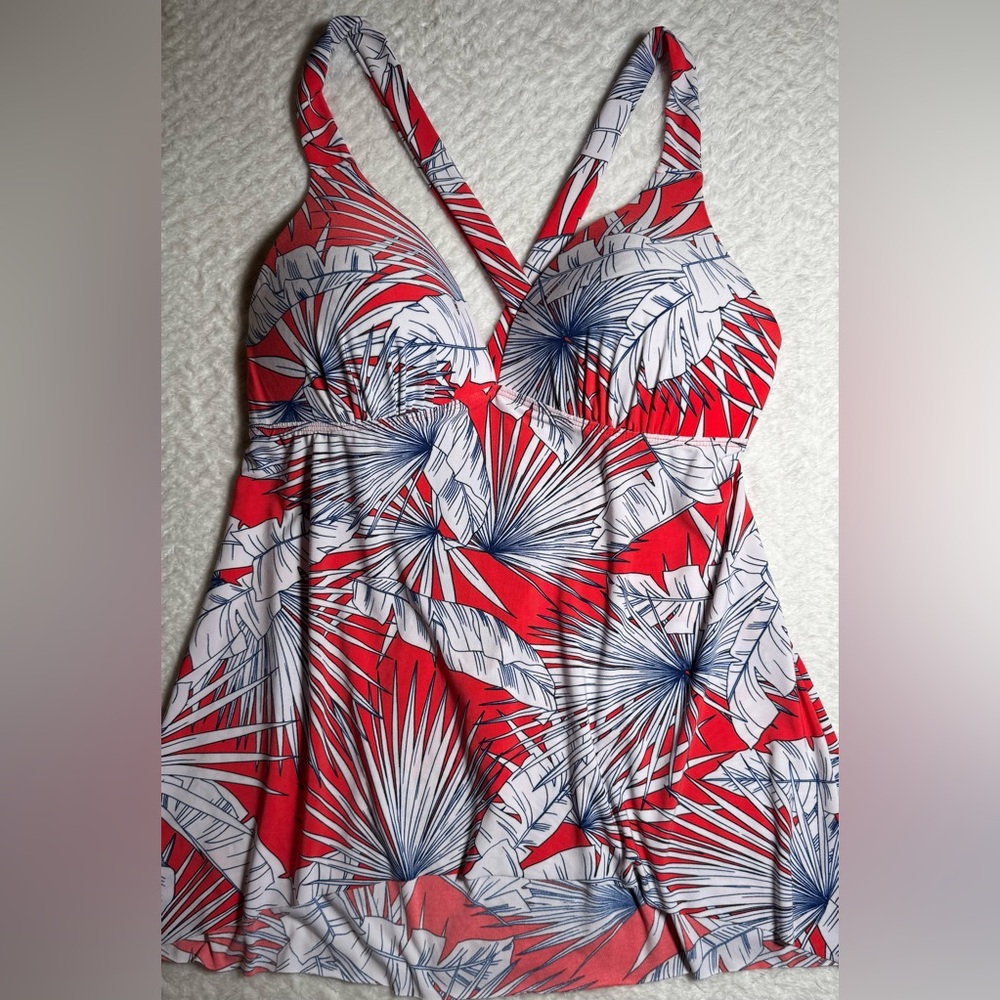 Kona Sol Red Navy White Women’s Tropical Print Tankini Swimwear Top Size 12